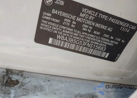 2015 BMW 328 Xi Sulev из США, поврежденный, VIN WBA3B5G53FNS15693